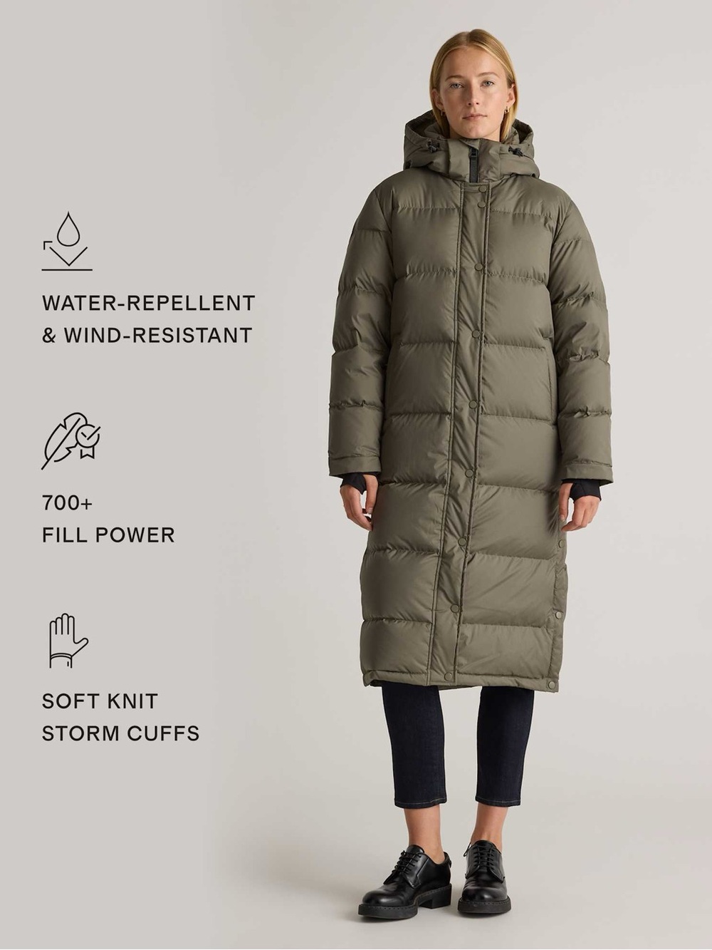 Quince Responsible Down Long Puffer Coat (90% goose down) in Faded Cargo